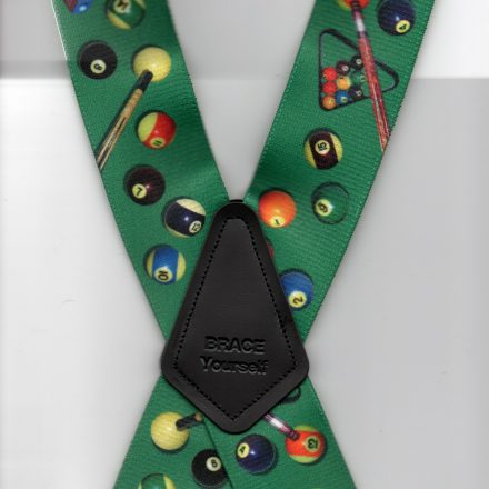 MENS BRACES POOL CUE AND BALLS ON GREEN