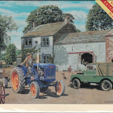 GREETING CARD LANDROVER AND FORDSON E27N TRACTOR ON THE FARM