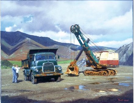 GREETING CARD BEDFORD LORRY AND CRANE DIGGER IN QUARRY