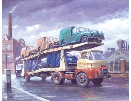 GREETING CARD AUSTIN TRANSPORTER LORRY DELIVERING THE MOGGIES