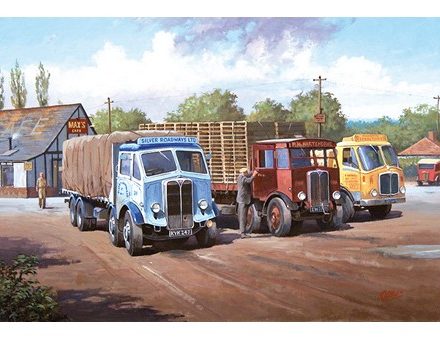 GREETING CARD TRIO OF AEC LORRIES AT THE CAFE