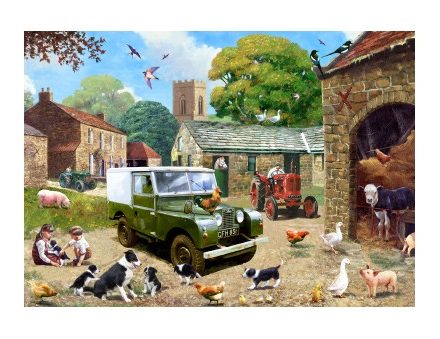 GREETING CARD LANDROVER AND TRACTORS DOWN ON THE FARM