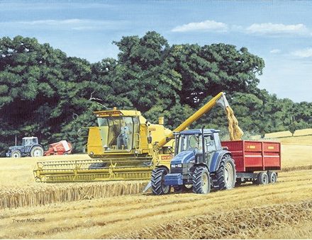 GREETING CARD BLUE TRACTORS AND COMBINE HARVESTER