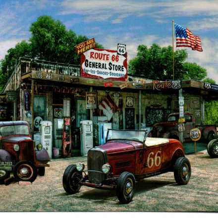 ROUTE 66 GENERAL STORE VINTAGE CARS MOTORBIKES PUMPS BLANK GREETING CARD