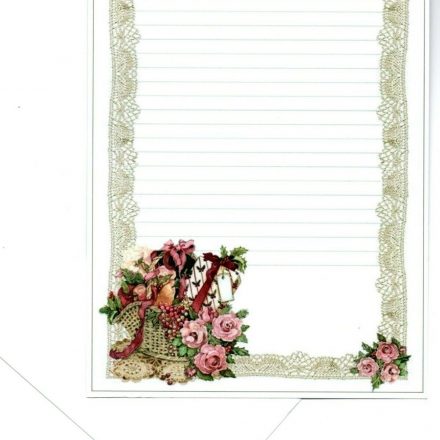 GEORGEOUS 5 LACE BASKET OF ROSES LINED WRITING PAPER SHEETS AND 5 ENVELOPE SET