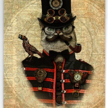 STEAMPUNK CAT FANTASY ART BLANK GREETING CARD A