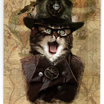 STEAMPUNK CAT FANTASY ART BLANK GREETING CARD D