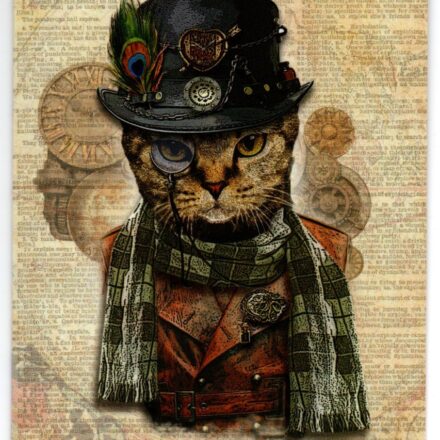 STEAMPUNK CAT FANTASY ART BLANK GREETING CARD F