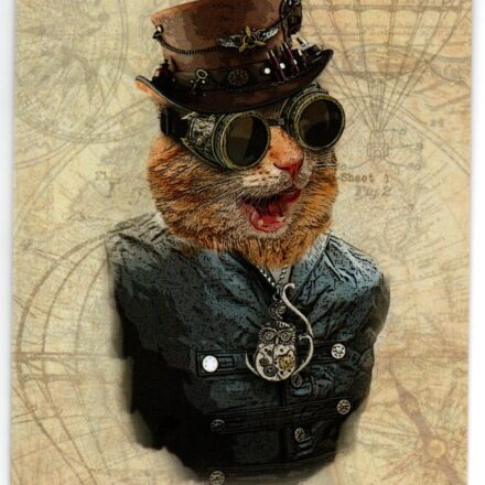 STEAMPUNK CAT FANTASY ART BLANK GREETING CARD G
