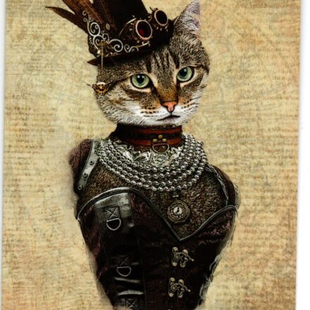 STEAMPUNK CAT FANTASY ART BLANK GREETING CARD I