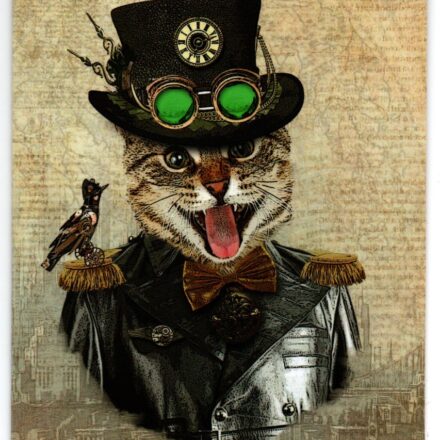 STEAMPUNK CAT FANTASY ART BLANK GREETING CARD J