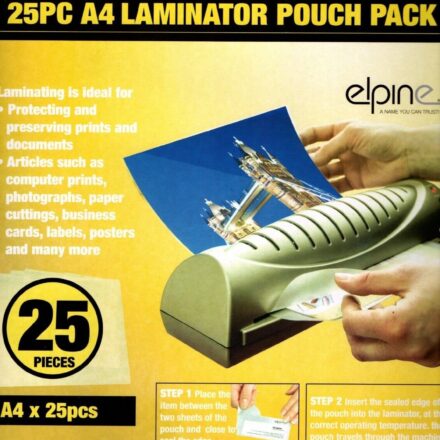 25 PACK ELPINE A4 LAMINATING POUCHES 2X75MIC (150 MICRONS) THICK